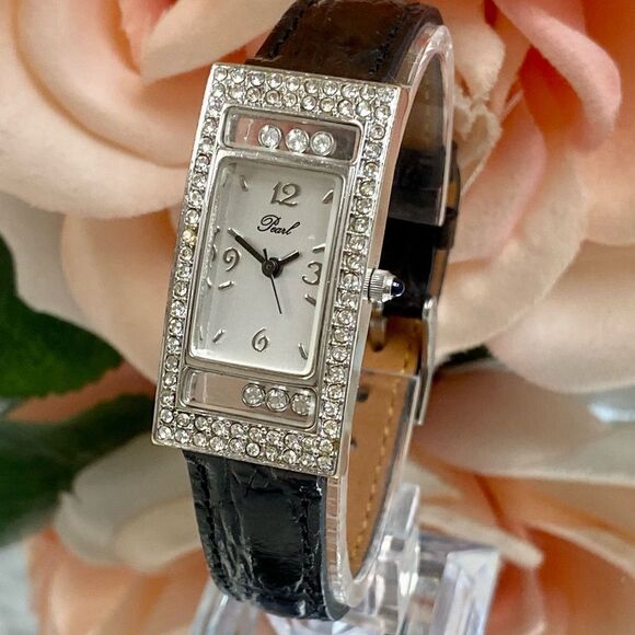 Pearl Rhinestone Embellished Art Deco Style Tank Watch with "Floating" Crystals - Picture 2 of 14